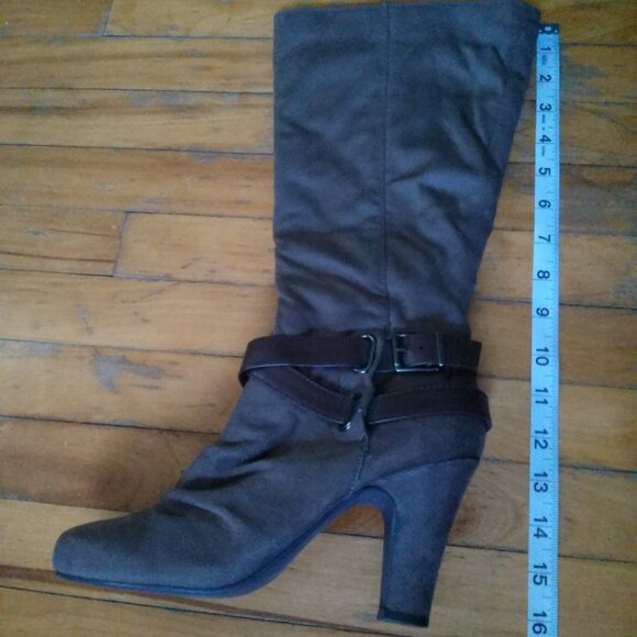 Women's 4" Heel Boots, Olive Green Faux Suede, Brown Buckle, Size 7 - Picture 10 of 16